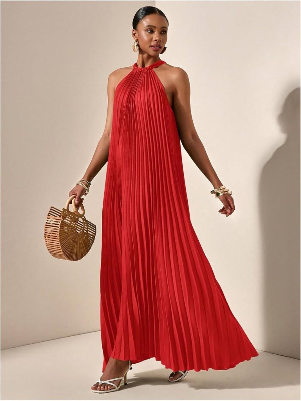 〽️Red Halter Maxi Dress Women's Pleated Flowy A Line Summer Wedding Guest Dress - Picture 2 of 5